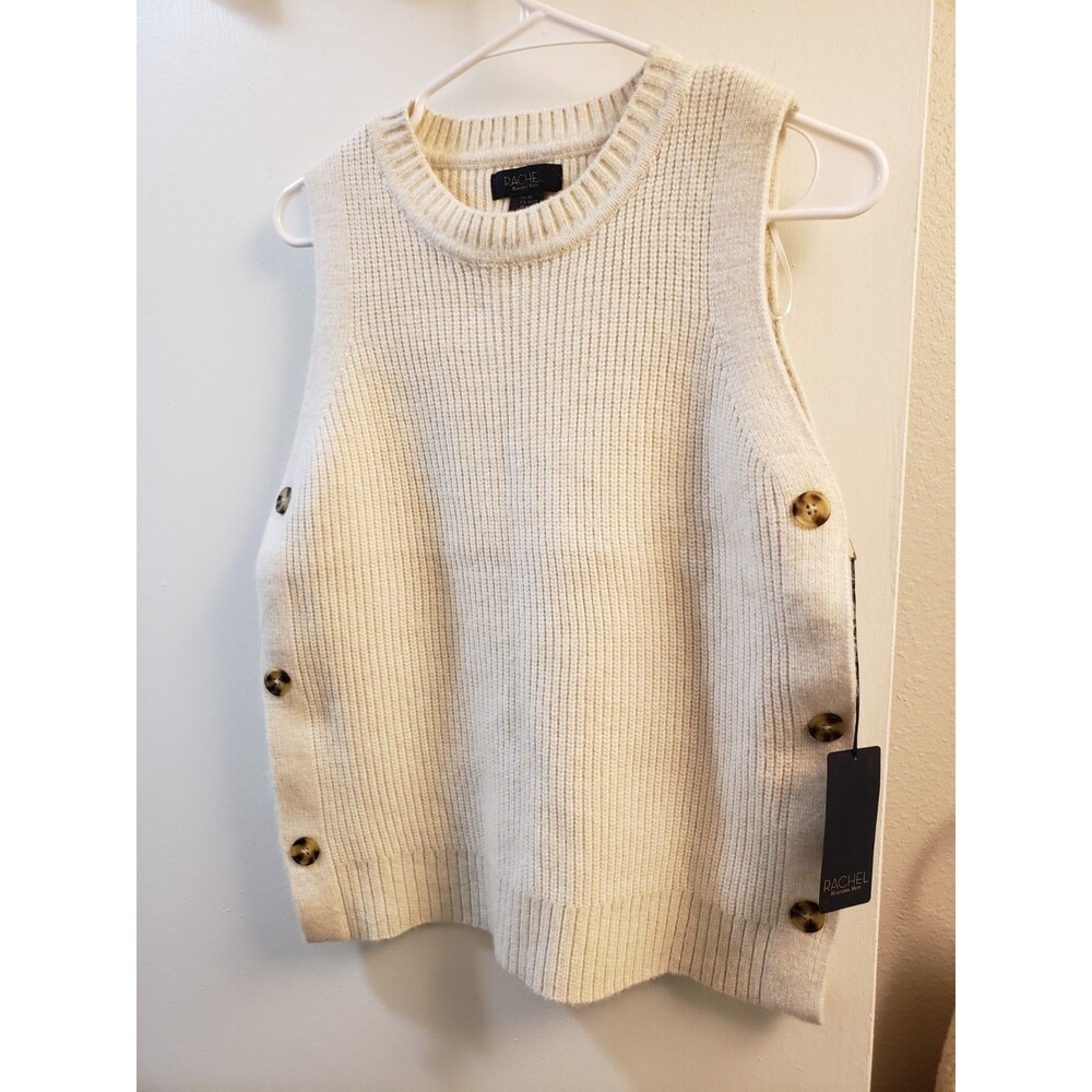 NWT RACHEL ROY Women Sleeveless Metal Button Sweater Knit Vest Sz XS Light Beige